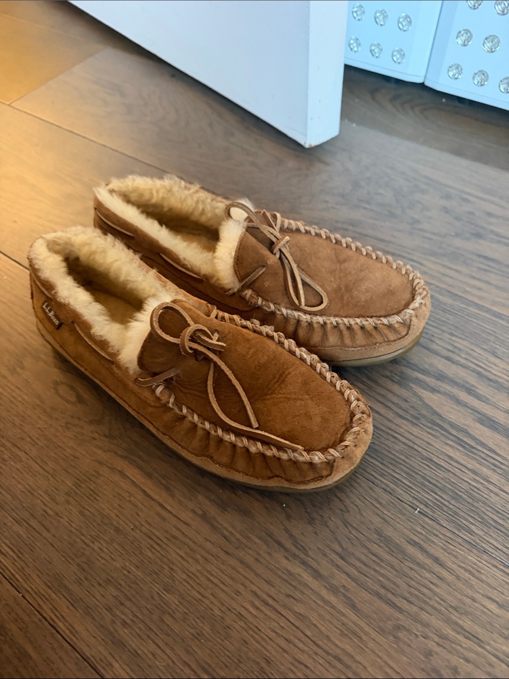 L.L. Bean Men's Chestnut Suede Shearling Lined Moccasin Slippers